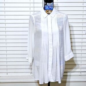Alfani Women's White Pleated Blouse Long Sleeve Front Button Size Small